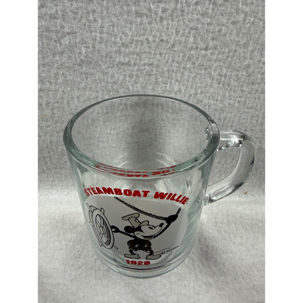 Disney Steamboat Willie 1928 Mickey Mouse Clear Glass Coffee Mug Cup 3.5in
